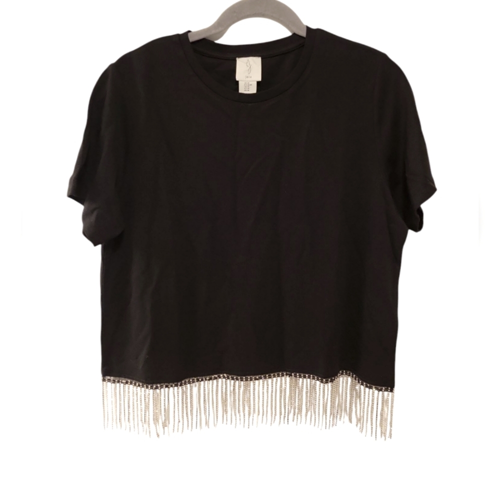 Joie, NWT, Black Short Sleeve T-Shirt w/Silver Fringe at Hemline, Women's sz M,